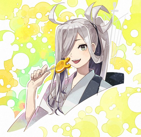 Anime picture 2580x2500 with kantai collection asashimo (kantai collection) kanmiya shinobu single long hair fringe highres open mouth looking away ahoge ponytail grey hair hair over one eye grey eyes alternate costume portrait girl food sweets candy
