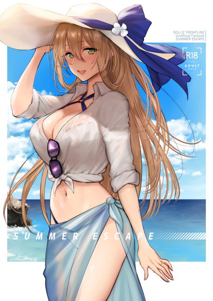 Anime picture 700x990 with girls frontline m1903 springfield (girls frontline) shoukaki (earthean) single long hair tall image looking at viewer fringe breasts open mouth light erotic blonde hair smile hair between eyes large breasts green eyes sky cleavage cloud (clouds) :d