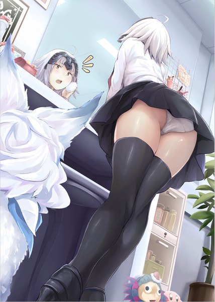 Anime picture 1451x2033 with fate (series) fate/grand order fate/apocrypha jeanne d'arc (fate) (all) jeanne d'arc alter (fate) fou (fate) akita hika tall image highres short hair open mouth light erotic yellow eyes ahoge ass white hair indoors from below reflection bent over