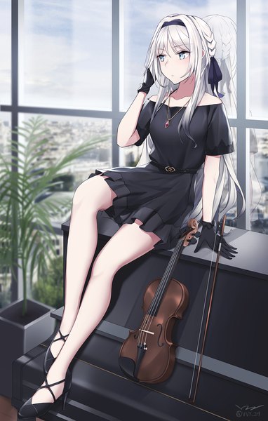 Anime picture 1500x2357 with girls frontline an-94 (girls frontline) vvy single long hair tall image blush fringe blue eyes hair between eyes sitting bare shoulders signed payot looking away sky full body white hair indoors braid (braids)