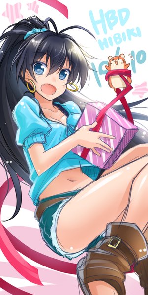 Anime picture 1010x2013 with idolmaster ganaha hibiki okitakung single long hair tall image open mouth blue eyes black hair smile ponytail girl navel earrings shorts boots gift
