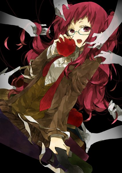 Anime picture 1000x1414 with original yuuya (pixiv1797060) single long hair tall image looking at viewer open mouth simple background red eyes sitting red hair black background girl uniform school uniform pantyhose glasses bandage (bandages) fruit apple