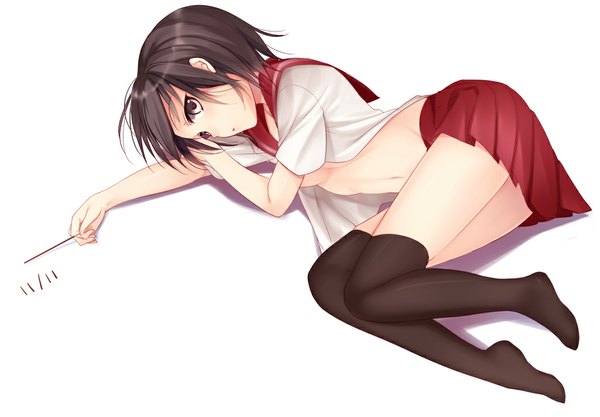 Anime picture 1025x714 with original itou nanami single short hair light erotic black hair simple background white background lying black eyes open clothes open shirt girl thighhighs skirt uniform black thighhighs school uniform miniskirt