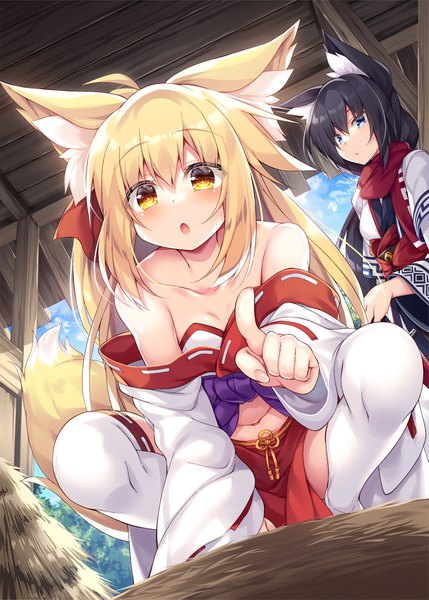 Anime picture 900x1259 with original roshin long hair tall image looking at viewer blush fringe breasts blue eyes light erotic black hair blonde hair hair between eyes sitting twintails bare shoulders multiple girls animal ears yellow eyes payot