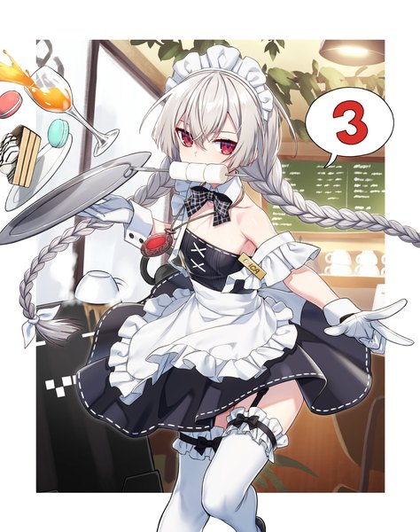 Anime picture 3239x4096 with counter:side orca (counter:side) machine-g.a.p. controlline3 single long hair tall image looking at viewer fringe highres light erotic hair between eyes red eyes holding absurdres white hair indoors braid (braids) maid character names