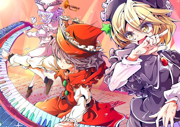 Anime picture 3541x2507 with touhou lunasa prismriver lyrica prismriver merlin prismriver baba (baba seimaijo) highres short hair open mouth blonde hair brown hair multiple girls yellow eyes looking away absurdres purple hair eyes closed profile band girl hat