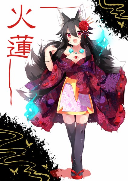 Anime picture 1253x1770 with original kaenuko (kaenuco) single long hair tall image open mouth black hair red eyes animal ears tail traditional clothes japanese clothes animal tail teeth fang (fangs) character names fox ears facial mark fox tail fox girl