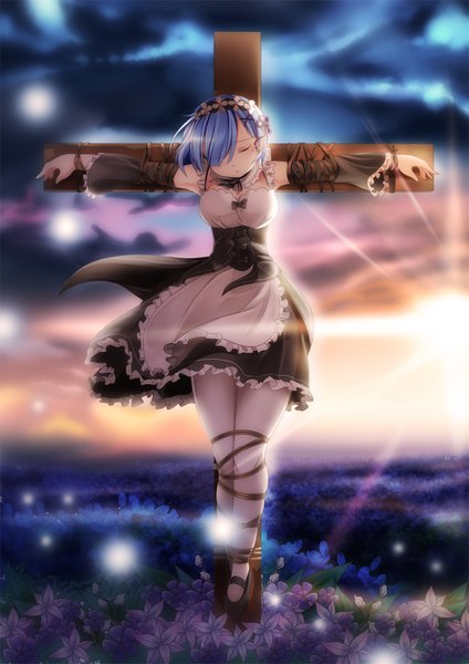 Anime picture 990x1400 with re:zero kara hajimeru isekai seikatsu white fox rem (re:zero) yasume yukito single tall image fringe short hair breasts large breasts bare shoulders blue hair sky cloud (clouds) full body outdoors eyes closed blurry hair over one eye maid