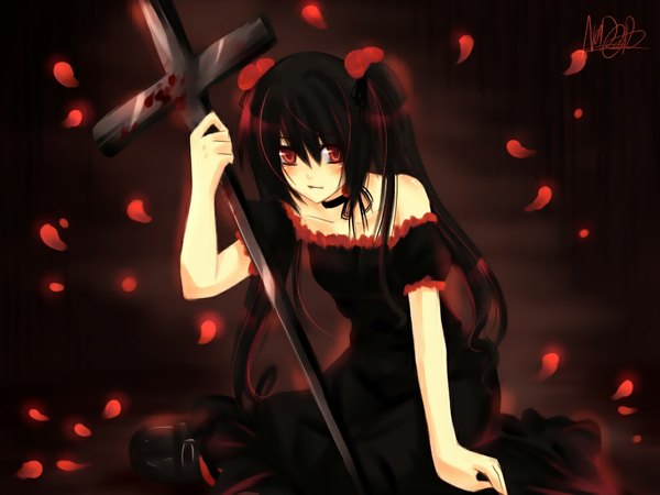 Anime picture 1024x768 with pangya kooh single long hair blush black hair red eyes twintails bare shoulders wallpaper lolita fashion goth-loli girl dress flower (flowers) petals choker rose (roses) blood cross