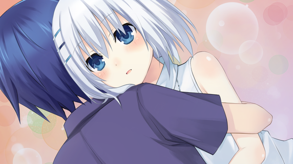 Anime picture 1280x720 with date a live tobiichi origami itsuka shidou blush short hair blue eyes wide image bare shoulders blue hair game cg white hair couple hug girl boy hair ornament bobby pin