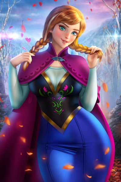 Anime-Bild 4800x7200 mit frozen (disney) disney anna (frozen) ayyasap single long hair tall image looking at viewer blush fringe highres breasts blue eyes smile brown hair large breasts standing signed absurdres sky