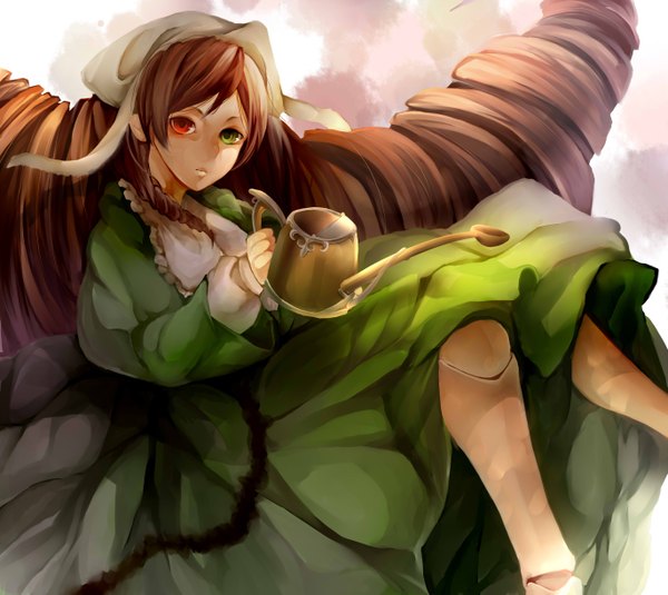 Anime picture 2739x2445 with rozen maiden suiseiseki neaze single long hair looking at viewer blush highres brown hair sitting twintails legs heterochromia drill hair serious curly hair girl dress bonnet watering can