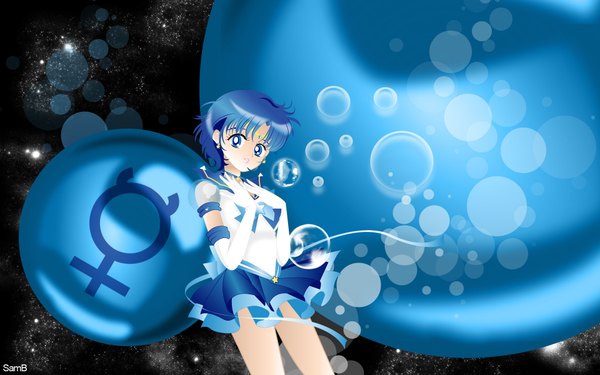Anime picture 1920x1200 with bishoujo senshi sailor moon toei animation mizuno ami sailor mercury single highres short hair blue eyes wide image blue hair girl gloves elbow gloves bubble (bubbles) sailor suit