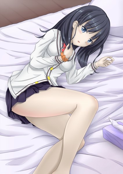 Anime picture 1240x1753 with gridman universe ssss.gridman studio trigger takarada rikka ramx0123 single long hair tall image looking at viewer blush fringe open mouth blue eyes light erotic black hair bent knee (knees) lying pleated skirt thighs on side