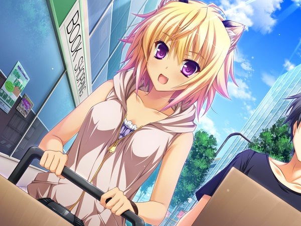 Anime picture 1600x1200 with otomimi infinity (game) byoubu tetora short hair open mouth blonde hair purple eyes animal ears game cg girl