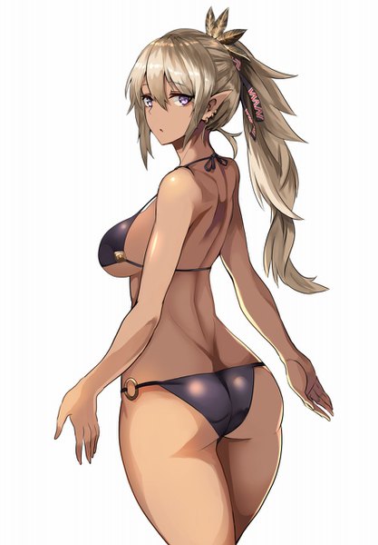 Anime picture 890x1280 with original ankoku broccoli single long hair tall image looking at viewer fringe breasts light erotic blonde hair hair between eyes large breasts white background purple eyes ponytail looking back pointy ears :o piercing dark skin
