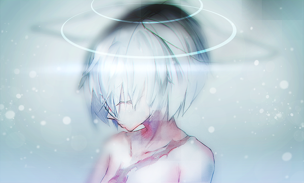 Anime picture 1000x603 with original tmt (pixiv) single fringe short hair wide image white background white hair eyes closed glow girl