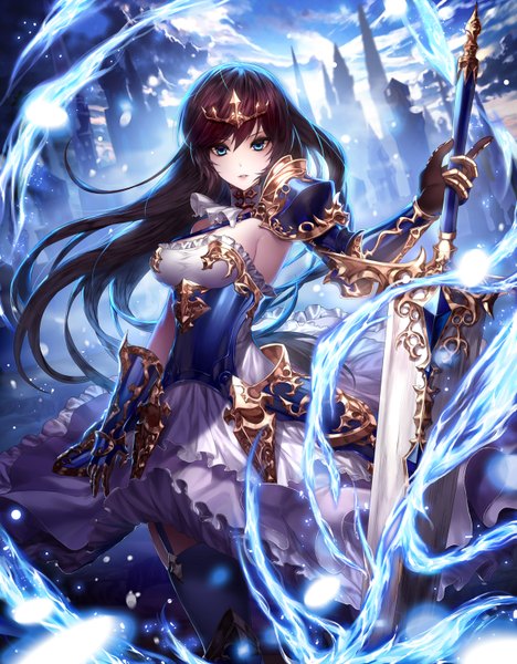 Anime picture 1200x1536 with original black joa single long hair tall image looking at viewer breasts blue eyes black hair glowing girl thighhighs dress gloves hair ornament weapon sword elbow gloves