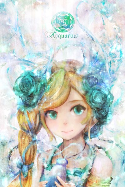 Anime picture 2000x3000 with original zhang xiao bo single long hair tall image looking at viewer highres blue eyes blonde hair ponytail hair flower light smile side ponytail zodiac aquarius (zodiac) girl hair ornament flower (flowers) ribbon (ribbons) hair ribbon