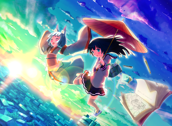 Anime picture 4000x2920 with nattorin blush highres short hair open mouth blue eyes black hair multiple girls animal ears blue hair absurdres sky cloud (clouds) eyes closed japanese clothes city falling midair morning sunrise