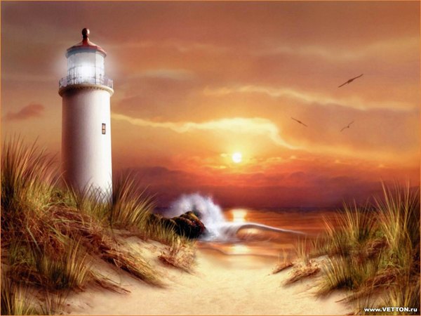 Anime picture 1280x960 with sky beach evening sunset landscape plant (plants) water sea grass lighthouse