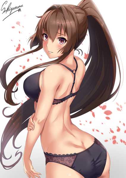 Anime picture 800x1131 with kantai collection yamato super battleship sakiyamama single long hair tall image looking at viewer blush fringe breasts light erotic simple background hair between eyes brown hair large breasts standing white background bare shoulders signed payot