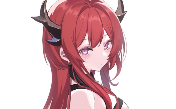 Anime picture 1617x1000 with arknights surtr (arknights) spider apple single long hair looking at viewer blush fringe simple background wide image white background purple eyes upper body red hair head tilt horn (horns) girl detached collar