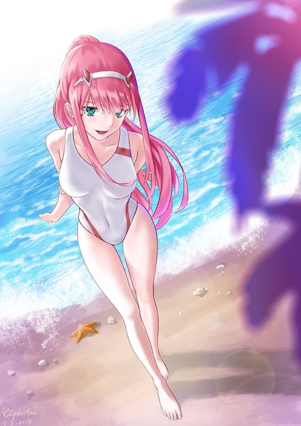 Anime picture 1000x1415 with darling in the franxx studio trigger zero two (darling in the franxx) ciphotis single long hair tall image fringe open mouth light erotic signed payot pink hair ponytail barefoot horn (horns) aqua eyes from above beach dated