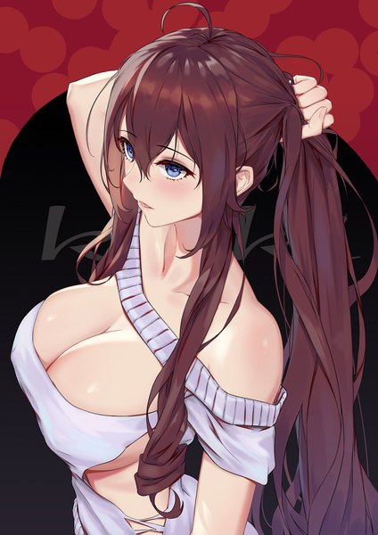 Anime picture 1080x1527 with original 5555 96 single long hair tall image blush fringe breasts open mouth blue eyes light erotic simple background hair between eyes brown hair large breasts standing payot looking away cleavage ahoge
