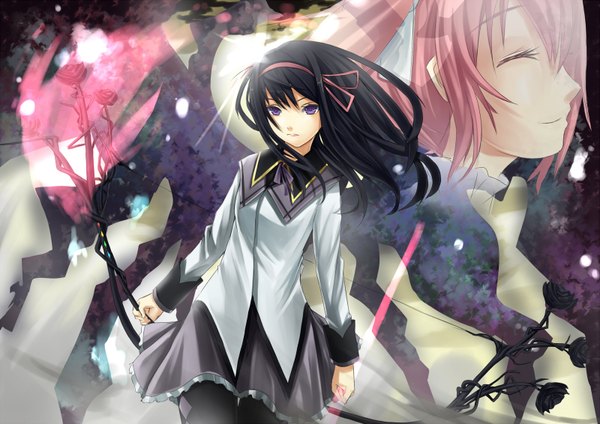 Anime picture 1600x1132 with mahou shoujo madoka magica shaft (studio) akemi homura kaname madoka reio reio long hair black hair purple eyes multiple girls pink hair eyes closed profile girl flower (flowers) 2 girls hairband rose (roses) bow (weapon)