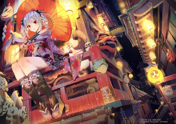 Anime picture 1188x840 with idolmaster idolmaster cinderella girls kanzaki ranko jofang single long hair looking at viewer fringe red eyes sitting twintails signed silver hair full body traditional clothes japanese clothes from below girl umbrella oriental umbrella