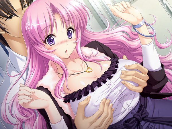 Anime picture 1600x1200 with inraku chikan densha long hair blush open mouth light erotic purple eyes pink hair game cg breast grab girl dress pendant