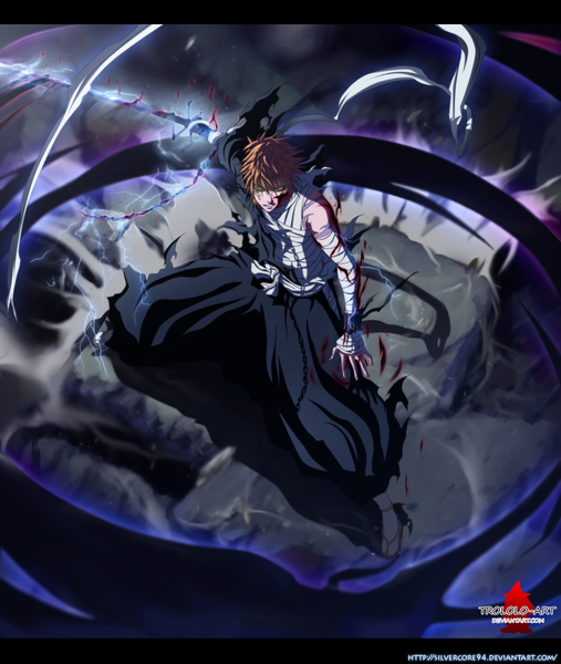 Anime picture 1180x1396 with bleach studio pierrot kurosaki ichigo silvercore94 single tall image short hair brown hair yellow eyes japanese clothes from above coloring torn clothes magic smoke boy ribbon (ribbons) weapon sword belt