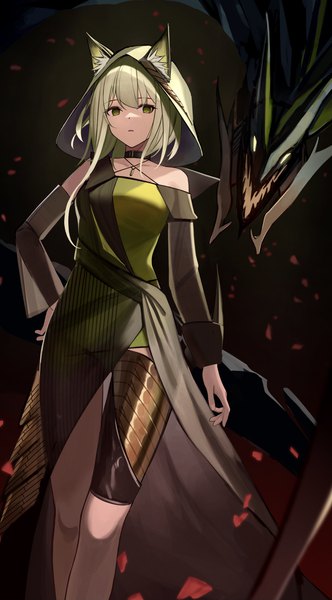Anime picture 1894x3423 with arknights kal'tsit (arknights) mon3tr (arknights) teruru (teruru0321) single tall image looking at viewer highres short hair green eyes animal ears green hair hand on hip official alternate costume expressionless girl hood monster