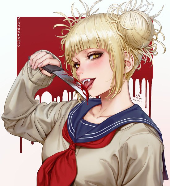 Anime picture 1100x1200 with boku no hero academia studio bones toga himiko sciamano240 single tall image looking at viewer blush fringe short hair open mouth simple background blonde hair holding signed yellow eyes payot upper body blunt bangs head tilt