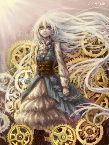 Anime picture 768x1024 with original zhen hun qu single tall image fringe blue eyes signed white hair very long hair wind looking up girl dress boots corset gears