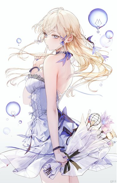 Anime picture 800x1254 with original kim eb single long hair tall image looking at viewer blush fringe breasts simple background blonde hair hair between eyes standing white background bare shoulders holding signed payot ahoge nail polish