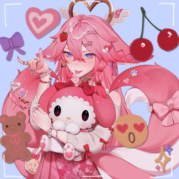 Anime picture 1000x1000 with onegai my melody genshin impact yae miko my melody lavelis single long hair fringe hair between eyes purple eyes signed animal ears pink hair tail nail polish animal tail fingernails alternate costume character names fox ears