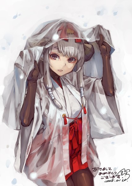 Anime picture 1000x1402 with original suzuno (bookshelf) single long hair tall image looking at viewer brown eyes signed traditional clothes japanese clothes horn (horns) grey hair dated snowing 2015 sheep girl girl gloves hair ornament black gloves