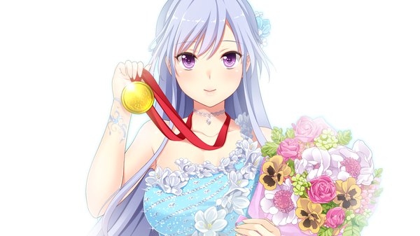 Anime picture 1280x720 with gin'iro haruka kisaragi mizuha single long hair looking at viewer blush wide image white background purple eyes game cg silver hair light smile girl dress flower (flowers) bouquet medal