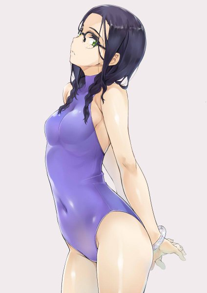 Anime picture 848x1200 with darling in the franxx studio trigger ikuno (darling in the franxx) nagayori single long hair tall image looking at viewer breasts light erotic black hair simple background standing bare shoulders green eyes braid (braids) parted lips profile grey background bare legs