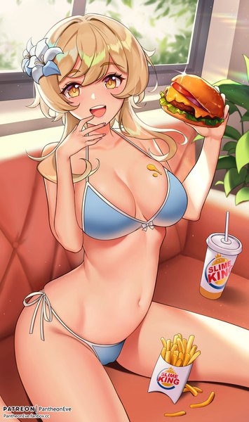 Anime picture 1089x1840 with genshin impact burger king lumine (genshin impact) pantheon eve single long hair tall image looking at viewer blush fringe breasts open mouth light erotic blonde hair smile large breasts sitting holding signed yellow eyes
