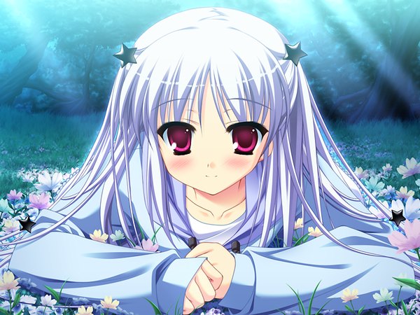 Anime picture 1200x900 with prismrhythm (game) single long hair looking at viewer blush blonde hair purple eyes game cg white hair lying girl hair ornament flower (flowers)