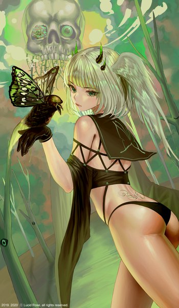 Anime picture 1693x2902 with original tokkihouse single tall image looking at viewer fringe short hair light erotic green eyes silver hair ass head tilt looking back horn (horns) from behind off shoulder wide sleeves tattoo head wings revision