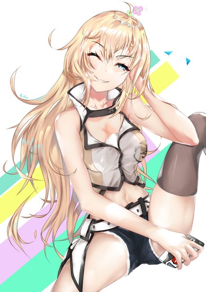 Anime picture 1061x1500 with rwby rooster teeth yang xiao long sytoc single long hair tall image blush fringe breasts blue eyes light erotic simple background blonde hair smile hair between eyes white background sitting bare shoulders holding