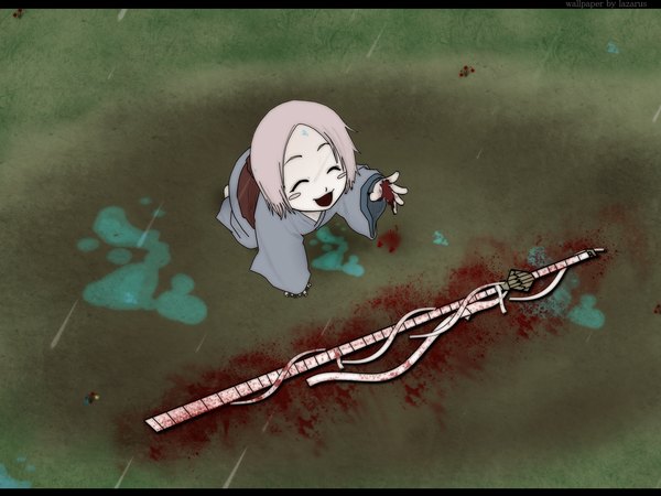 Anime picture 1600x1200 with bleach studio pierrot kusajishi yachiru single blush short hair open mouth smile pink hair full body eyes closed :d from above loli rain on all fours third-party edit bloody weapon blush stickers girl