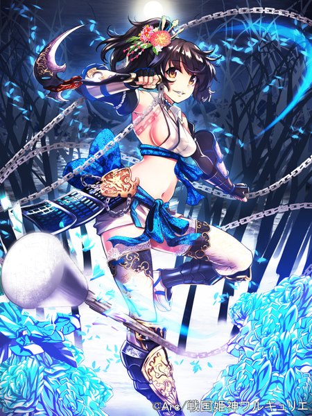 Anime picture 1440x1920 with original beniimo danshaku single long hair tall image looking at viewer breasts light erotic black hair brown eyes midriff girl thighhighs gloves navel hair ornament weapon white thighhighs armor fingerless gloves