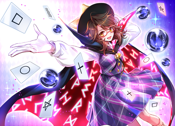 Anime picture 1000x719 with touhou usami sumireko ria single looking at viewer short hair open mouth brown hair brown eyes arm up from above sparkle girl skirt gloves hat white gloves cape skirt set card (cards)