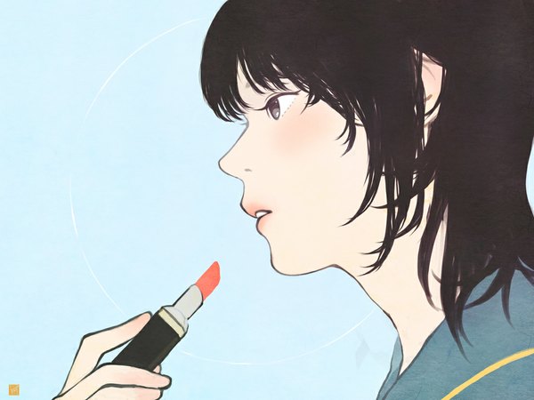 Anime picture 1000x750 with original sakamoto himemi (artist) single blush short hair open mouth simple background purple eyes holding profile lipstick blue background face dark hair girl hand