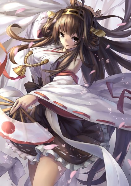 Anime picture 800x1133 with kantai collection kongou battleship kamiljm single long hair tall image looking at viewer brown hair brown eyes ahoge traditional clothes nontraditional miko girl hair ornament detached sleeves petals fan